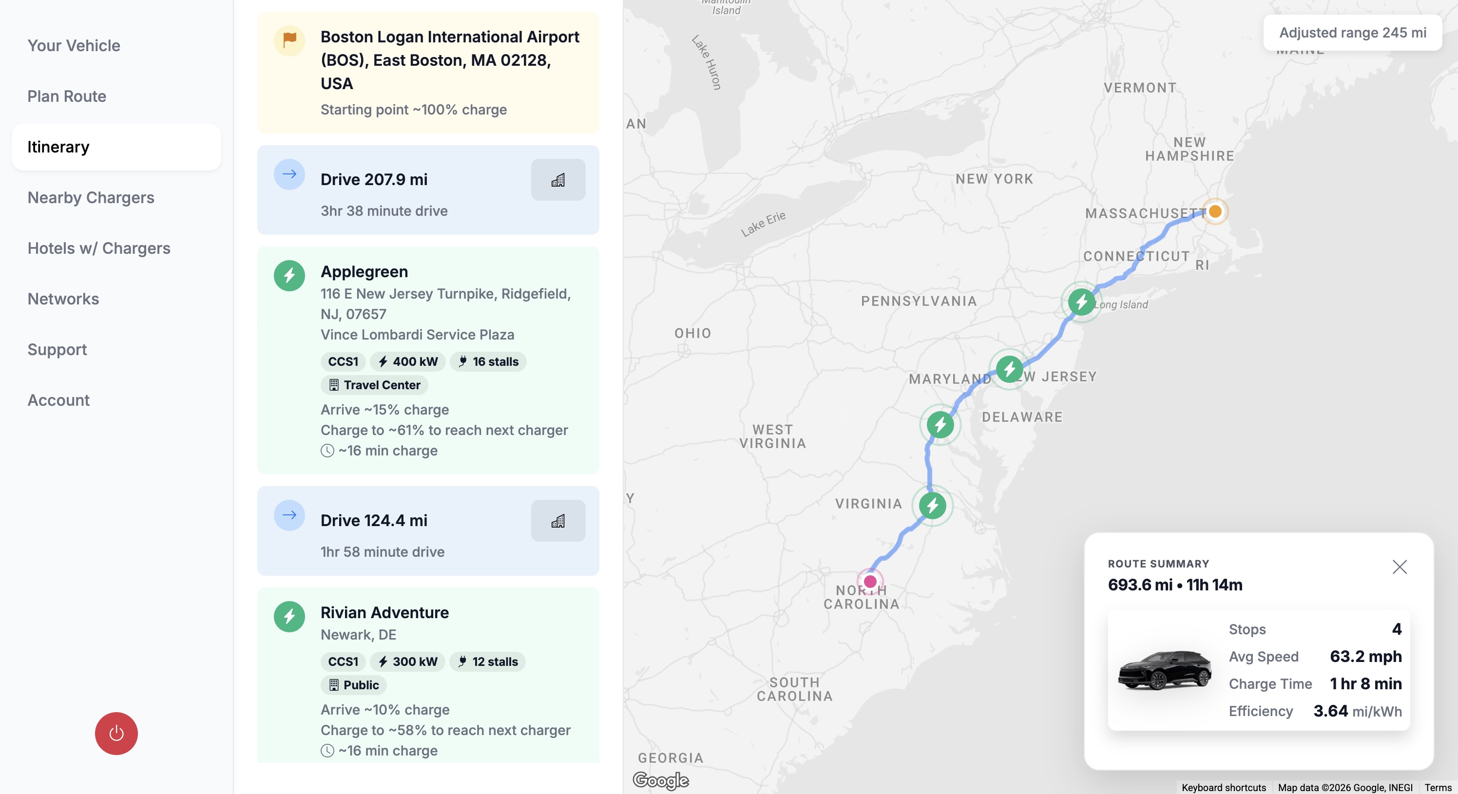Toyota EV Route Planner Interface